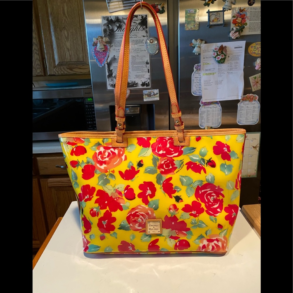 Dooney Bourke Yellow Red Floral Acrylic Leather Tote, Shopper, Beach Bag